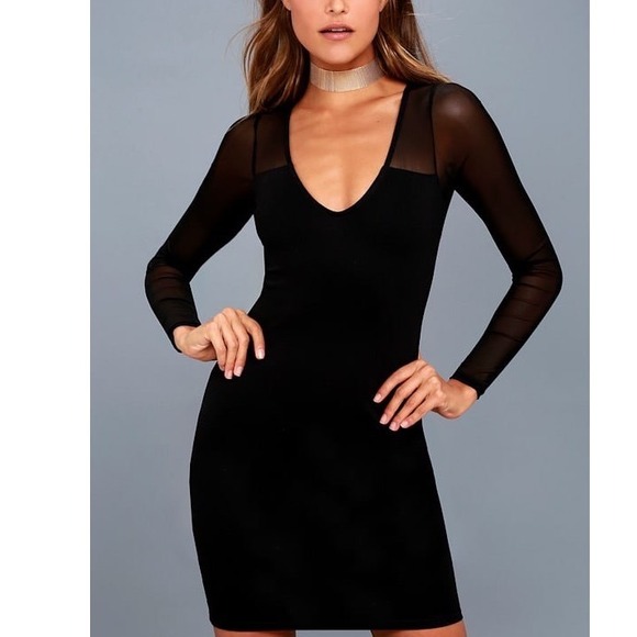 Lulus Dresses & Skirts - Lulus Bodycon Dress Womens Small Black Mesh Sleeve V-Neck Mini DD2705 Night Out